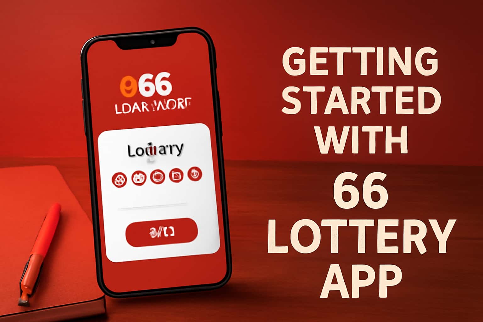 A professional scene depicting the 66 Lottery App interface on a smartphone.