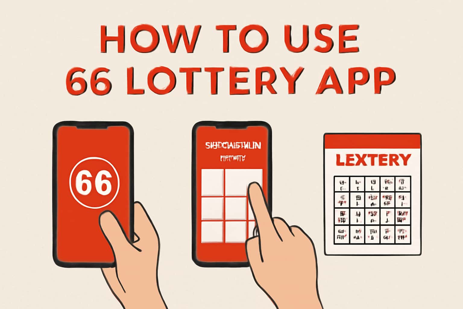 An illustration showing the 66 Lottery App interface with highlights on its features.