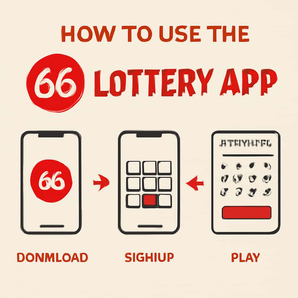 An educational diagram illustrating the steps to use the 66 Lottery App.