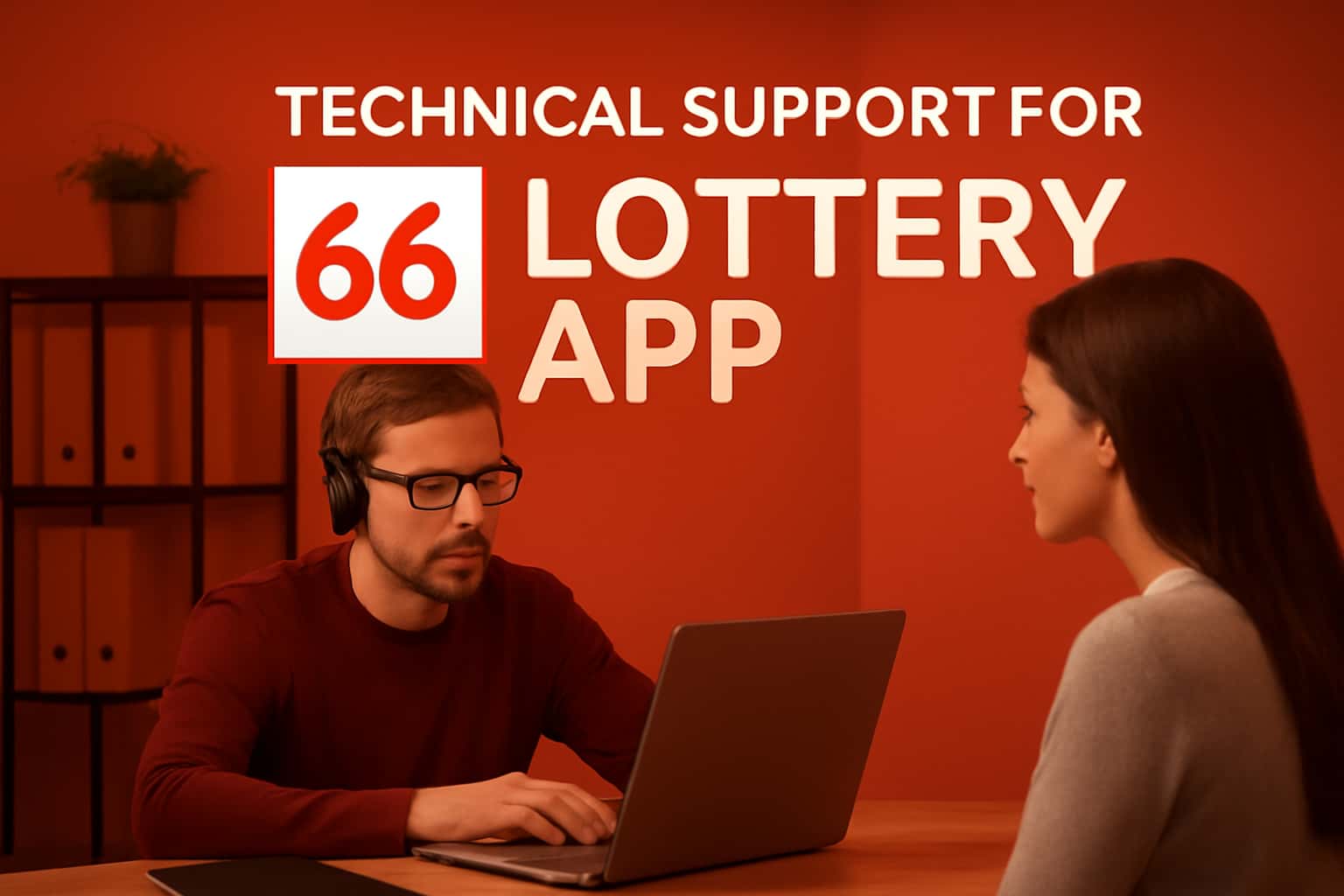 Technical support scene for 66 Lottery App featuring clear branding.